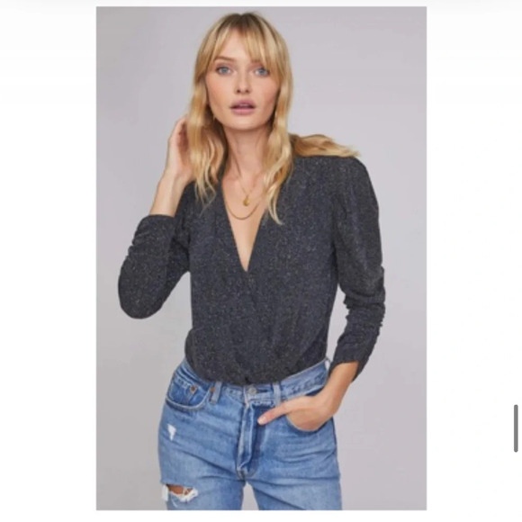 ASTR the Label Black Shimmer Bodysuit with Plunging Neckline Womens Size Small - Picture 1 of 3